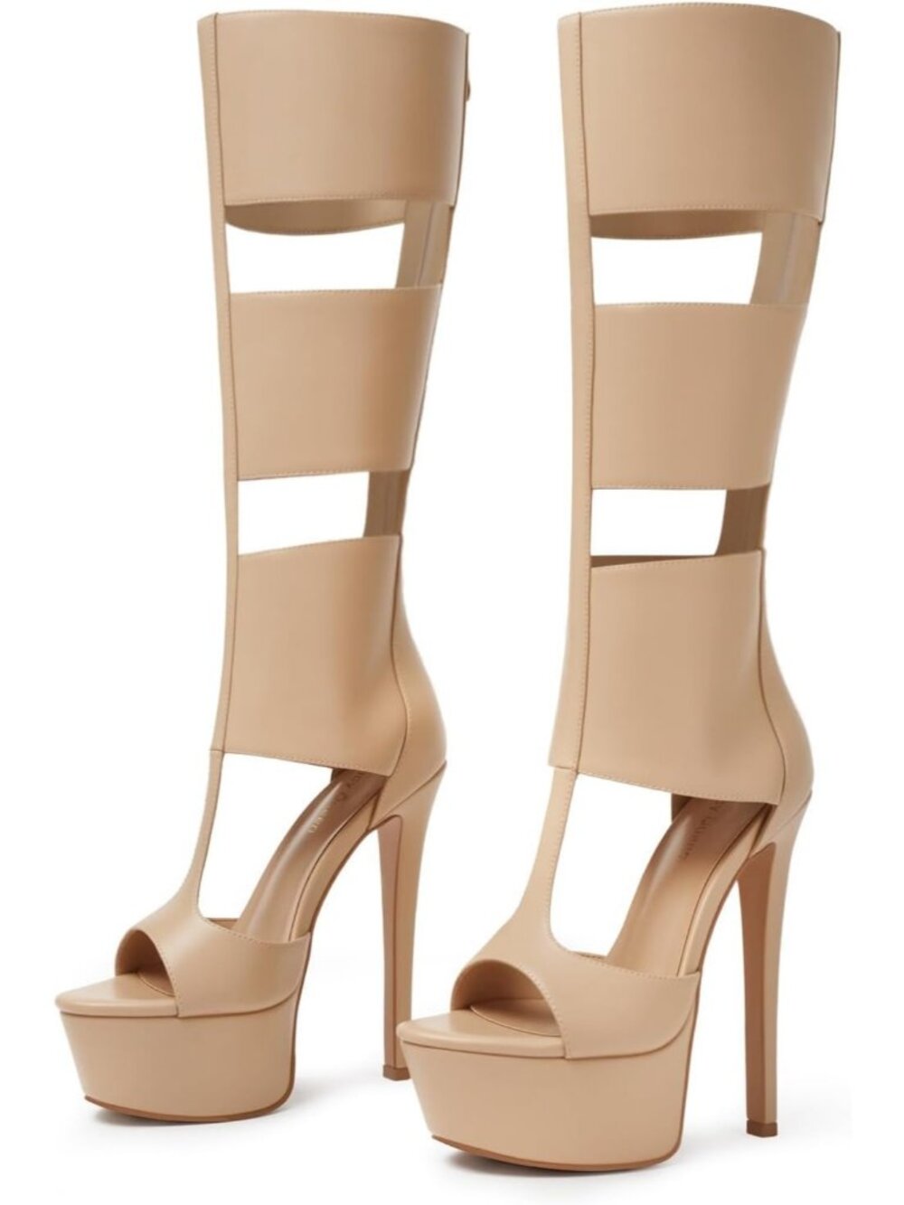Women's Nude Knee High Heels Gladiator Open Toe Summer Boots Black Heels Sandal